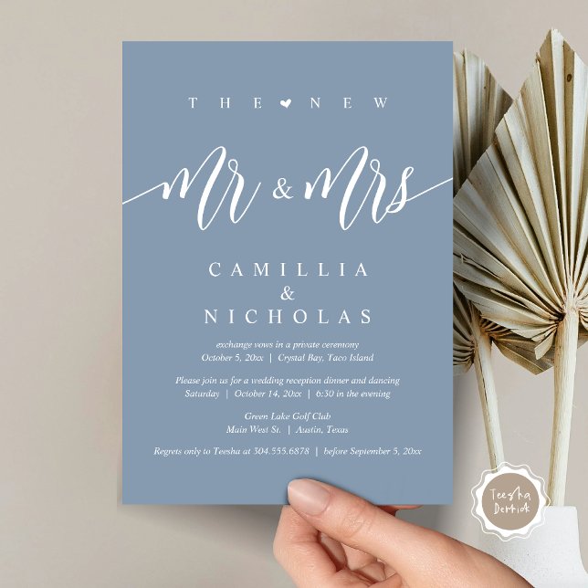 Invitation Le New Mr and Mrs, Mariage Elopement Dinner Party (The New Mr and Mrs, Wedding Elopement Dinner Party Invitation Card, PDF, Dusty Blue)