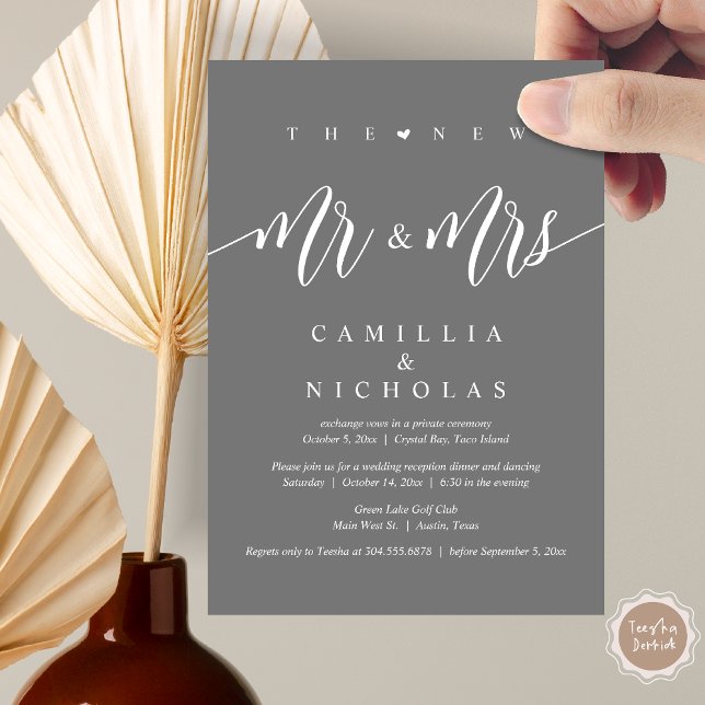 Invitation Le New Mr and Mrs, Mariage Elopement Dinner Party (The New Mr and Mrs, Wedding Elopement Dinner Party Lunch Brunch Invitation Card, PDF, Dark Grey)