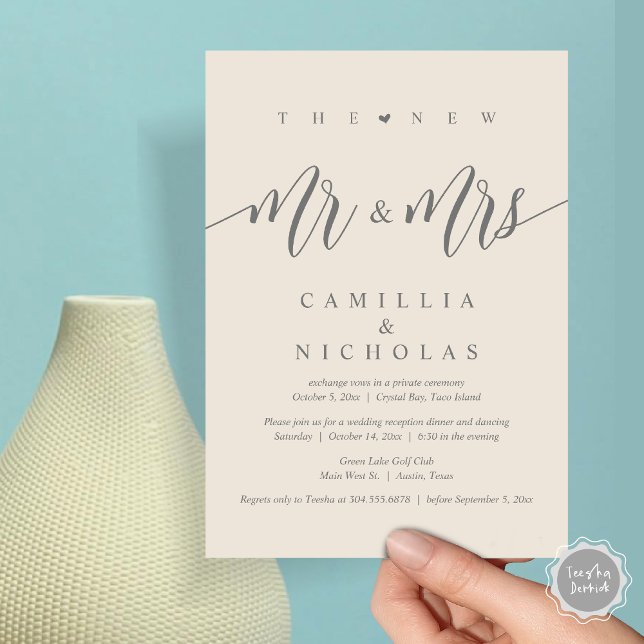 Invitation Le New Mr and Mrs, Mariage Elopement Dinner Party (The New Mr and Mrs, Wedding Elopement Dinner Party Lunch Brunch Invitation Card, PDF, Grey Cream)