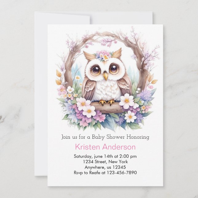 Invitation Le nid de joie des hibou : Baby shower de fille (Devant)