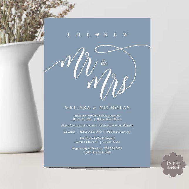 Invitation Le nouveau dîner de mariage moderne Mr et Mrs (The New Mr and Mrs, Modern Romantic Wedding Dinner Party Invites Minimalist Card PDF in Dusty Blue)
