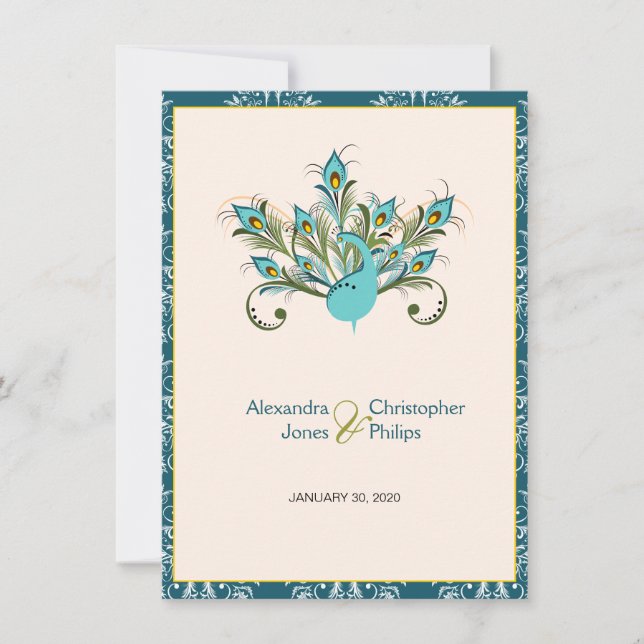 Invitation Le paon fait varier le pas de mariage damassé (Devant)