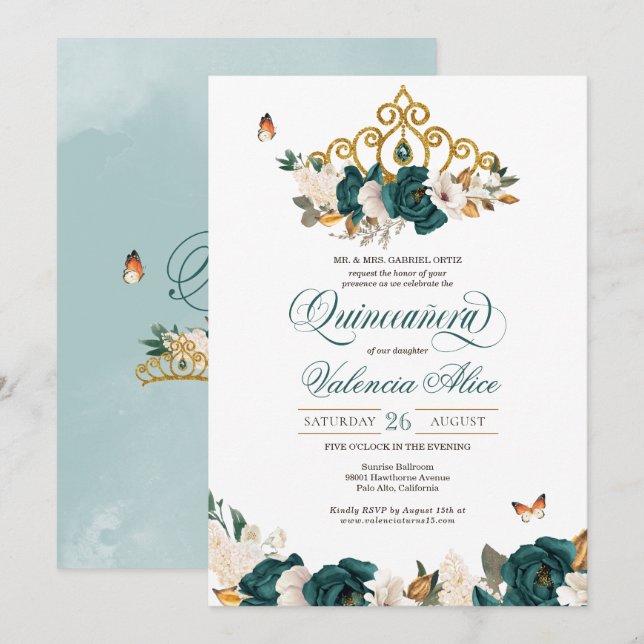 Invitation Le papillon Rose vert émeraude Tiara Quinceanera (Devant / Derrière)