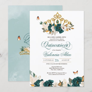 Invitation Le papillon Rose vert émeraude Tiara Quinceanera