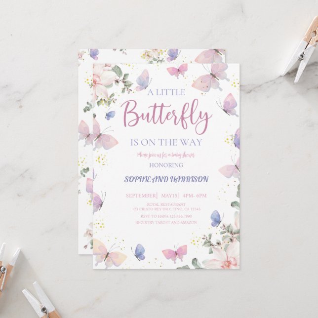 Invitation Le Papillon Rose Violet Est En Route Baby shower (Devant/Arrière en situation)