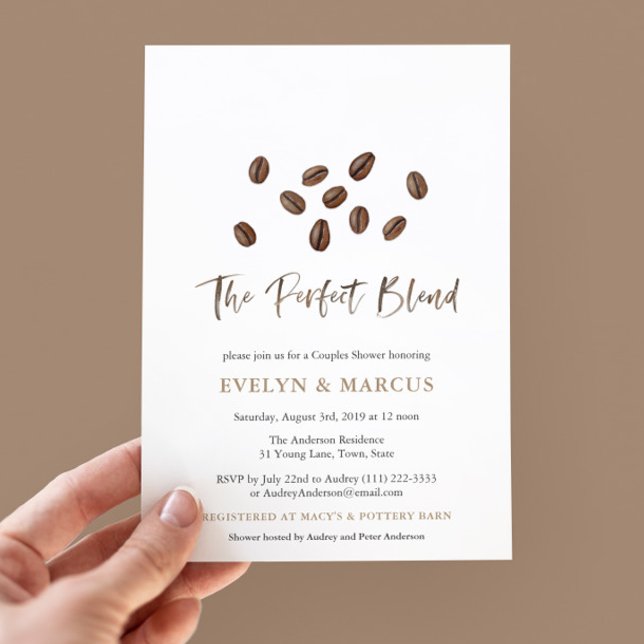 Invitation Le Parfait Mélange Wedding shower Couple Café (The Perfect Blend His And Hers Bridal Shower invitation design with watercolor coffee beans)