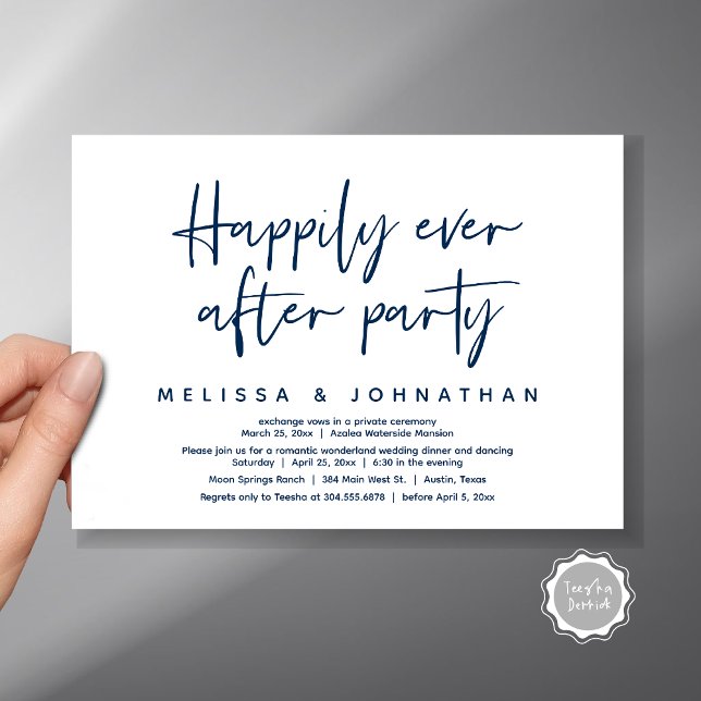 Invitation Le Pays des merveilles romantique Joyeusement Aprè (Romantic Wonderland Happily Ever After Party Invitation Card, PDF, Modern Minimalist, Navy Blue)