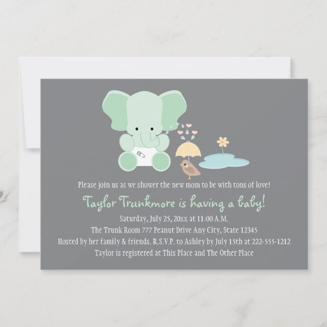 Invitation Le petit Baby shower d'oiseaux de l'éléphant vert  (Devant)