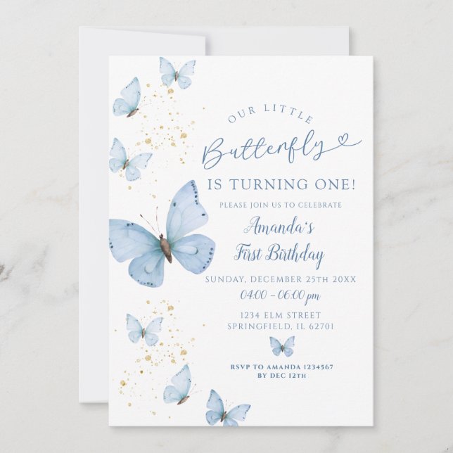 Invitation Le petit papillon bleu or tourne un anniversaire (Devant)