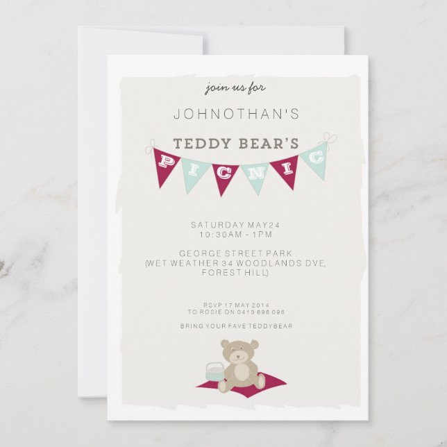 Invitation Le pique-nique d'ours de nounours - rouge et bleu (Devant)