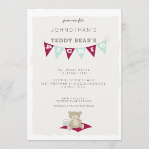 Invitation Le pique-nique d'ours de nounours - rouge et bleu