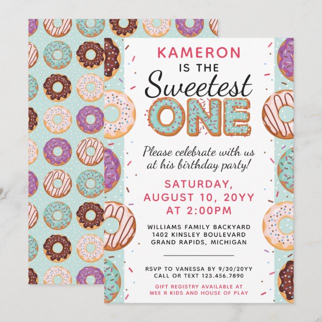 Invitation LE PLUS DOUX Bleu beignets glacés Bébé Premier ann (Devant / Derrière)