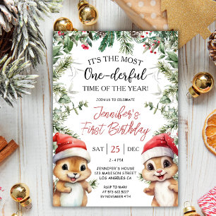 Invitation Le plus monocorde   Noël écureuil 1er anniversaire