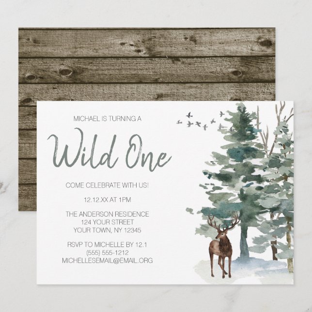 Invitation Le premier anniversaire de la forêt de cerfs de fo (Devant / Derrière)