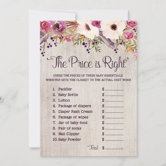 Invitation Le prix est bon jeu rustique de baby shower (Devant)