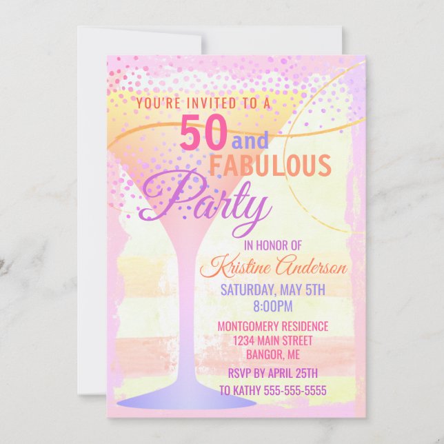 Invitation Le rose d'aquarelle a barré 50 et anniversaire (Devant)
