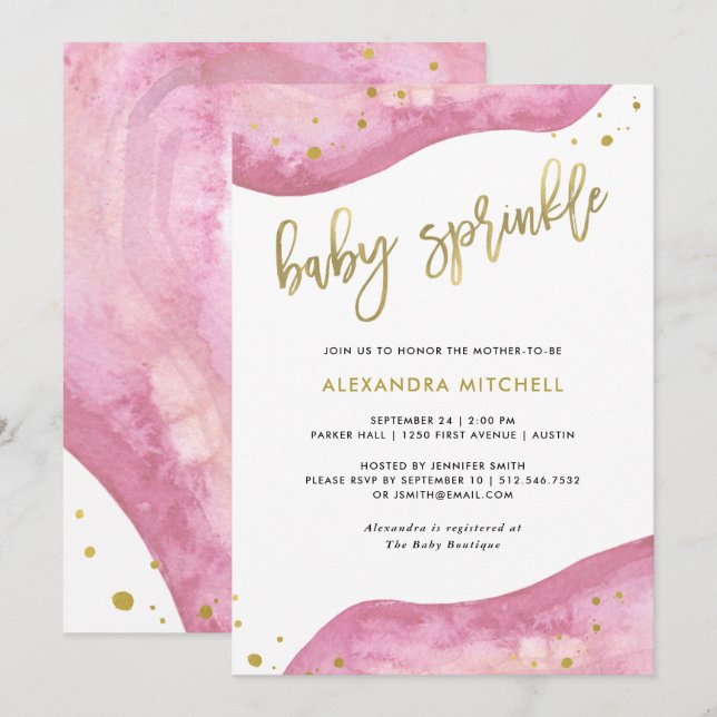 Invitation Le rose d'aquarelle et le bébé de Geode d'or (Devant / Derrière)