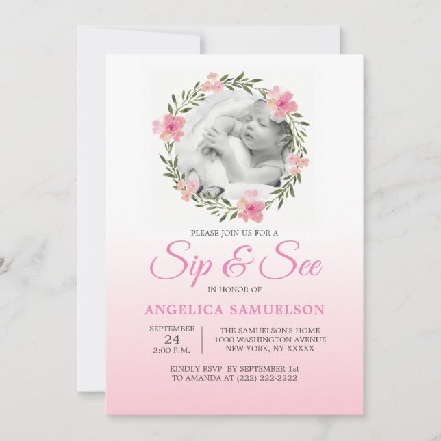 Invitation Le rose floral SIP de guirlande et VOIENT la PHOTO (Devant)