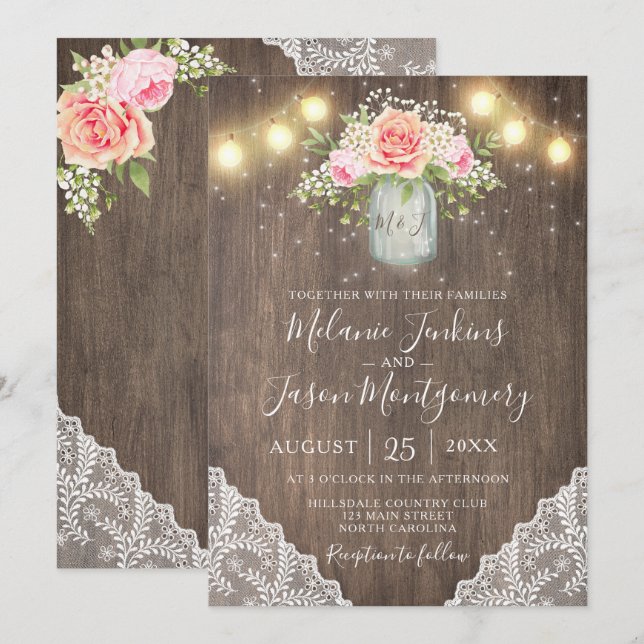 Invitation Le rose rustique fleurit le mariage de dentelle de (Devant / Derrière)