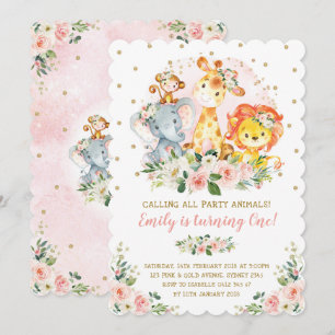 Invitation Le Safari de Girl Jungle Animaux Wild One 1er Anni