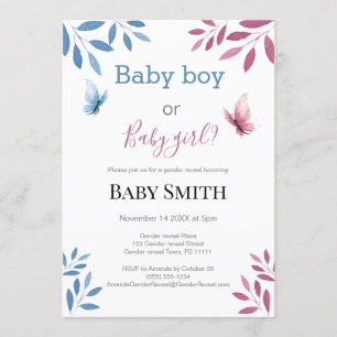 Invitation Le sexe du bébé révèle un papillon floral aquarell
