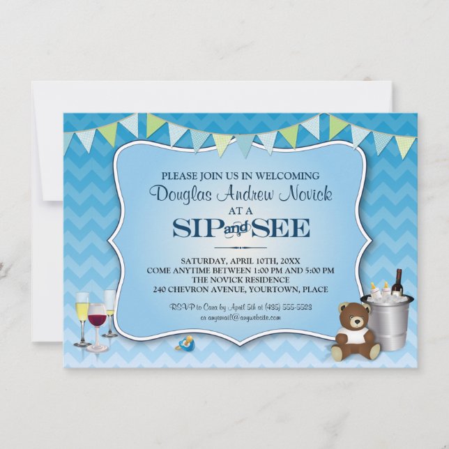 Invitation Le Sip bleu de bébé d'Ombre Chevron et voient (Devant)