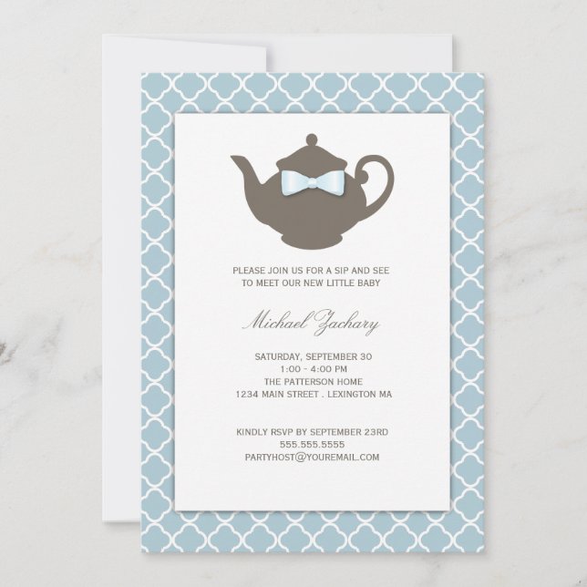 Invitation Le Sip Brown doux de bébé de théière du bleu | et (Devant)