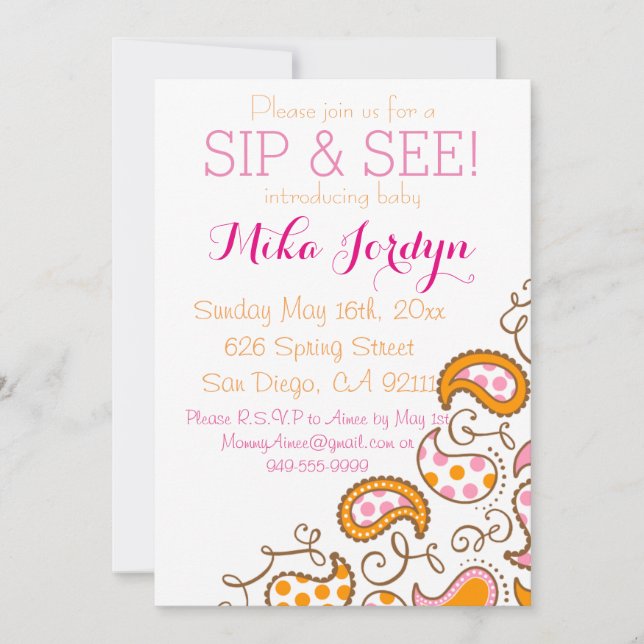 Invitation Le Sip de bébé de Paisley et voient (Devant)
