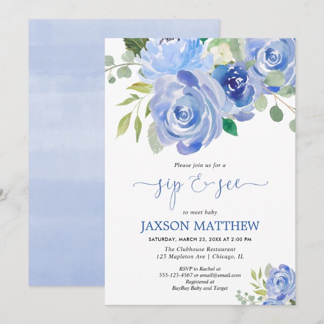 Invitation Le Sip de bébé et voient les aquarelles florales (Devant / Derrière)