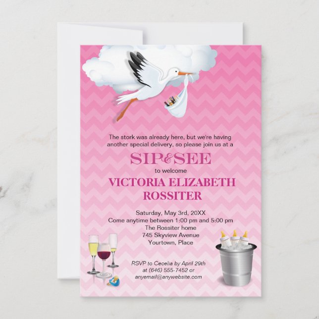 Invitation Le Sip rose de bébé de cigogne de Chevron et (Devant)