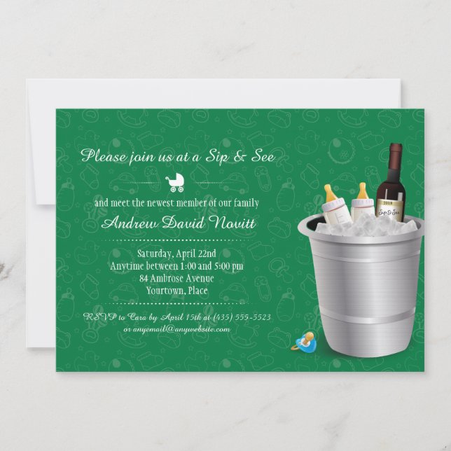 Invitation Le Sip vert de biberons de vin et voient le baby (Devant)