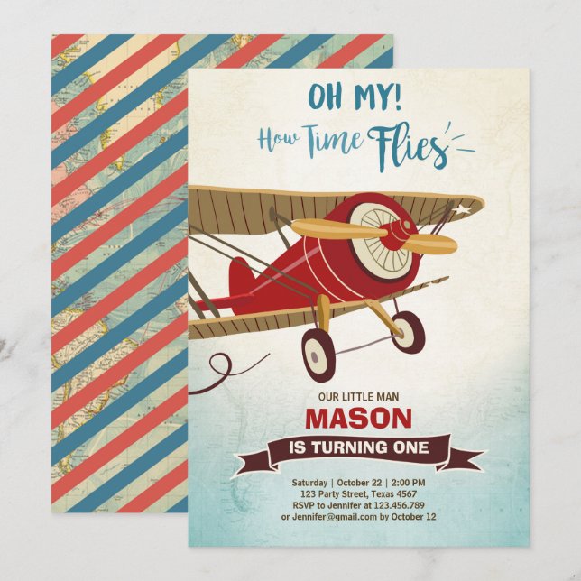 Invitation Le temps d'invitation d'anniversaire d'avion (Devant / Derrière)