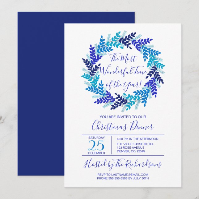 Invitation Le temps le plus merveilleux Blue Wreath fête de N (Devant / Derrière)