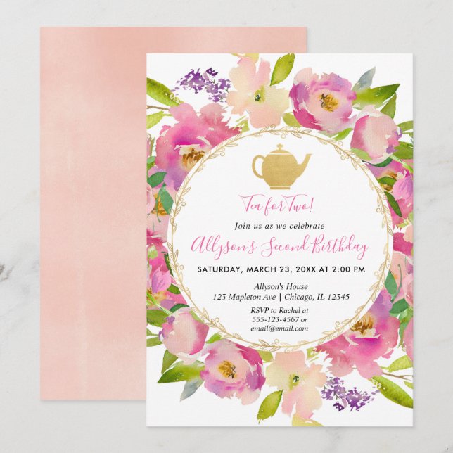 Invitation Le thé pour deux rougissent anniversaire floral (Devant / Derrière)