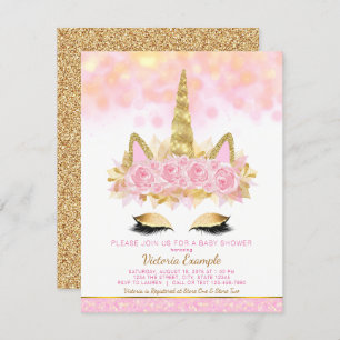 Invitation Le visage de Unicorn en or rose Baby shower