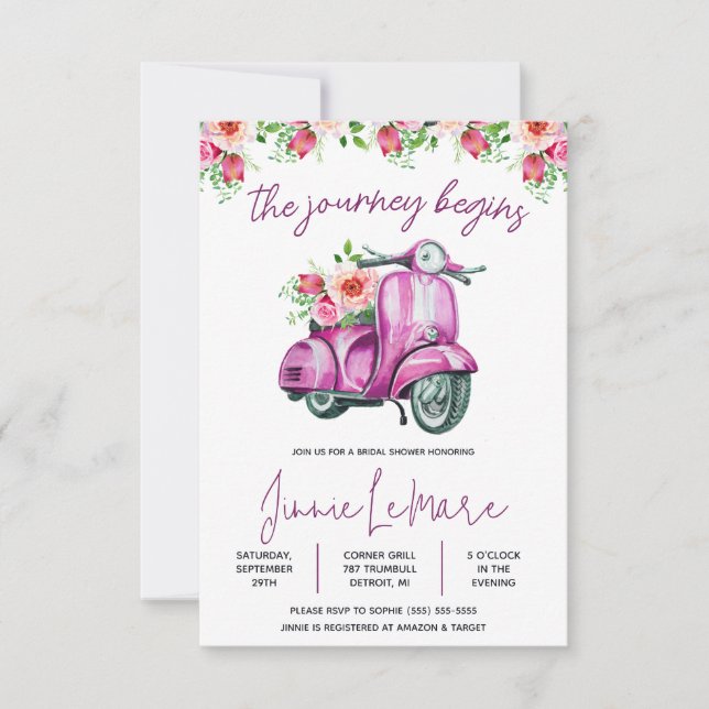 Invitation Le Voyage Commence ! Scooter, Fête des mariées Ves (Devant)