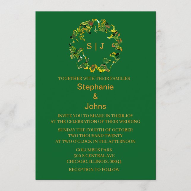 Invitation Leaf Crest Monogram Orange Forest Green Wedding (Devant)