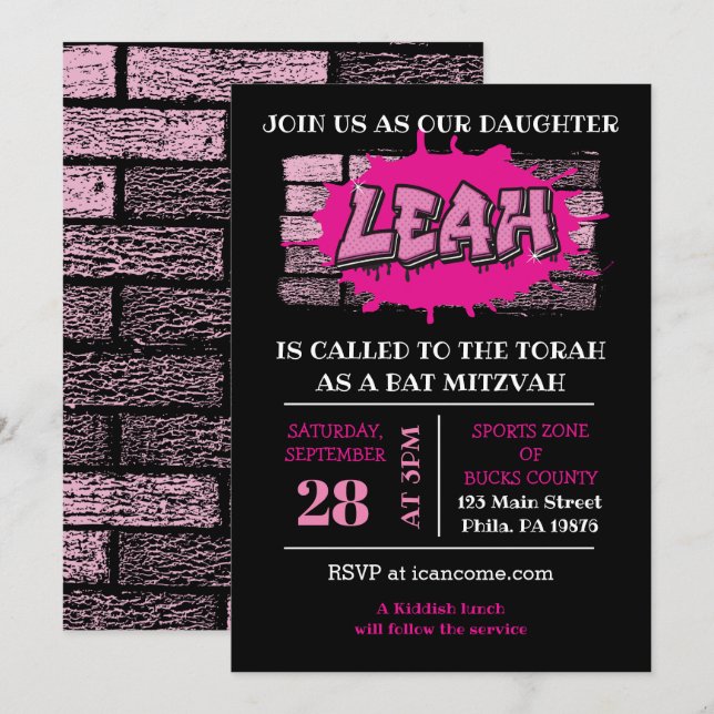Invitation LEAH Graffiti Name Brick Wall Bat Mitzvah Einladun (Devant / Derrière)