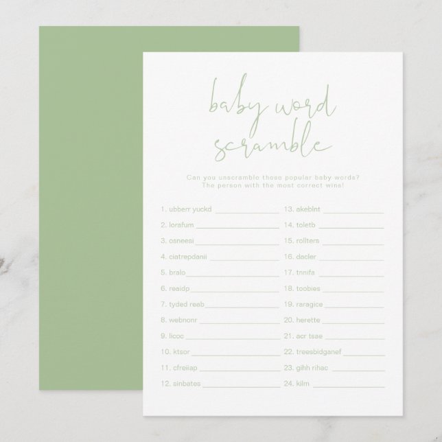 Invitation LEAH Vibrant Pastel Green Baby Word Scramble Jeu (Devant / Derrière)