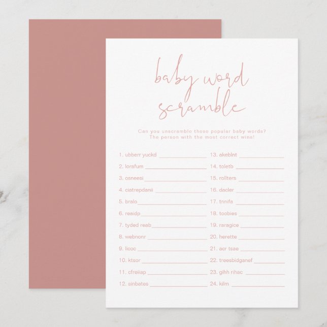 Invitation LEAH Vibrant Pastel Rose Baby Word Scramble Jeu (Devant / Derrière)