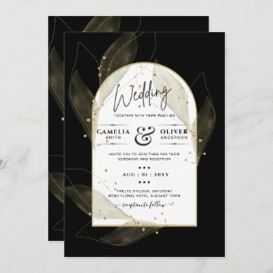 Invitation LeahG Black Gold Feuilles de mariage moderne INVIT