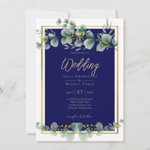Invitation LeahG BLEU NAVY OR DOR Végétation Eucalyptus Maria