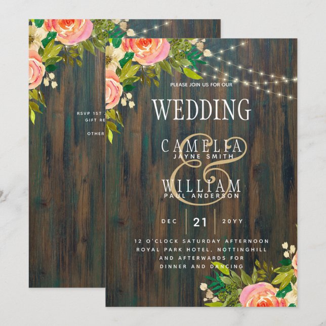 Invitation LeahG Bois Rustique Mariage Floral Corail Pêche (Devant / Derrière)