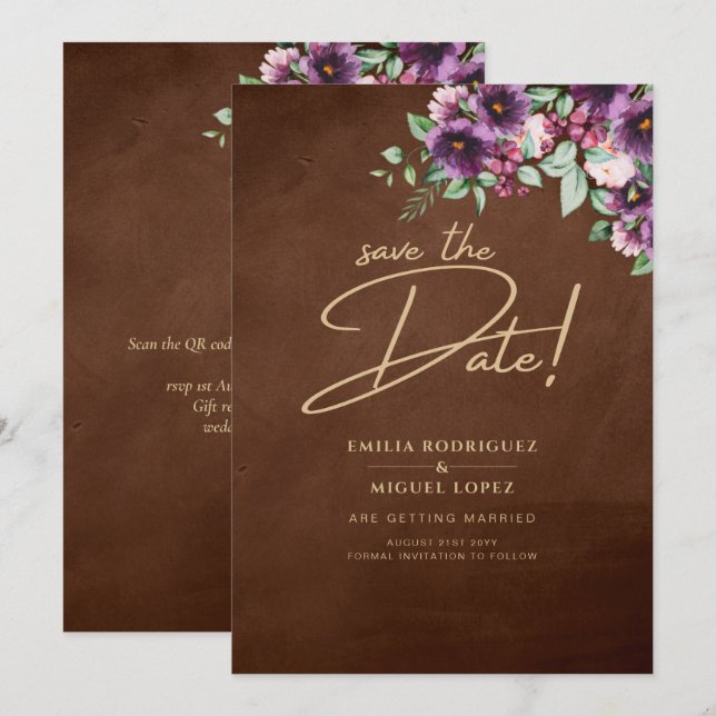 Invitation LeahG Brown Berry Plum Purple Mariage Automne Hive (Devant / Derrière)