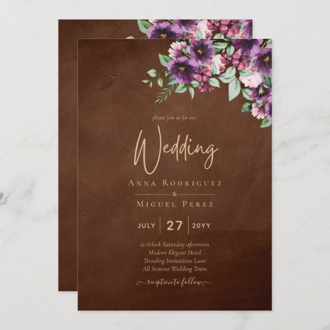 Invitation LeahG Brown Berry Plum violet Mariage automne hive (Devant / Derrière)