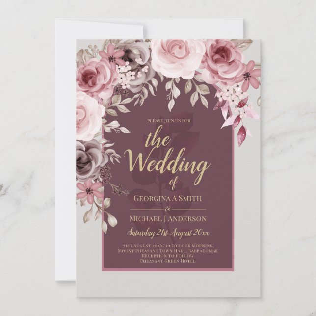 Invitation LeahG Burgundy Blush Rose Roses Mariage de automne (Devant)
