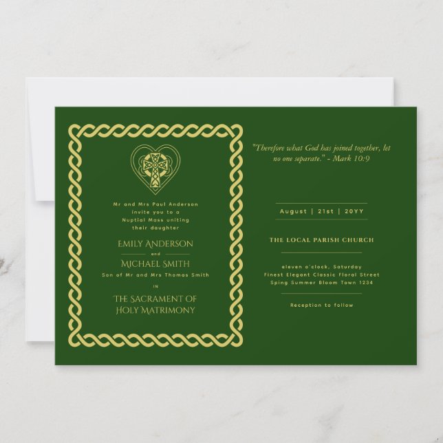 Invitation LeahG Celtic Cross Green Gold Mariage catholique (Devant)