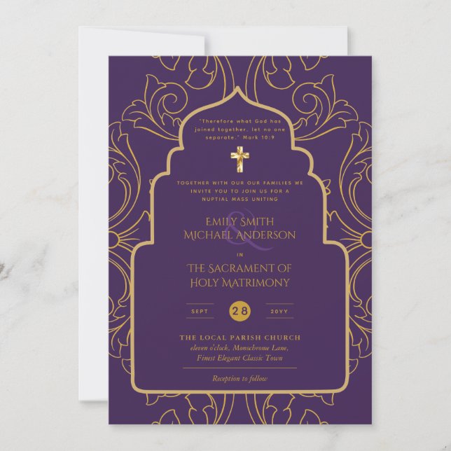 Invitation LeahG Elegant Purple Gold Mariage catholique (Devant)