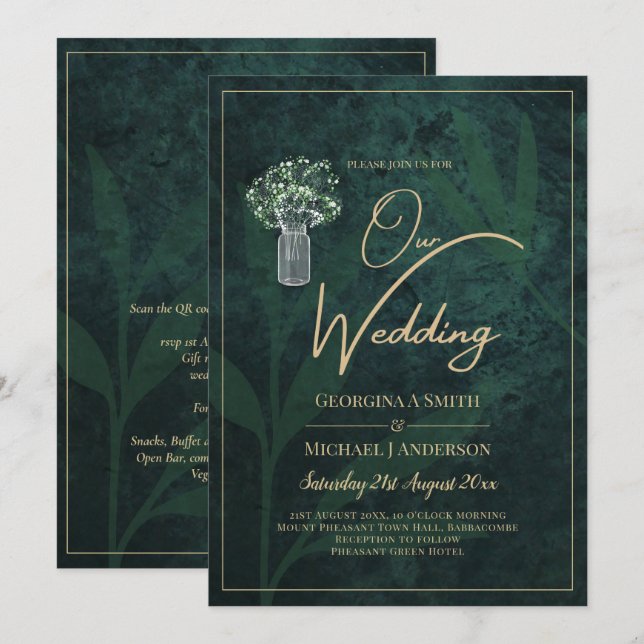 Invitation LeahG Emerald Forest Green Wedding INVITE (Devant / Derrière)