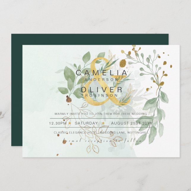 Invitation Leahg Eucalyptus Green Gold Mariage QR CODE IN (Devant / Derrière)